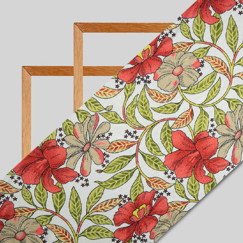 Olive And Red Floral Digital Print Japan Satin Fabric - Fabcurate