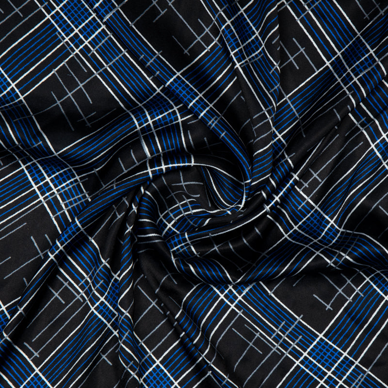 Black And Royal Blue Checks Digital Print Japan Satin Fabric - Fabcurate