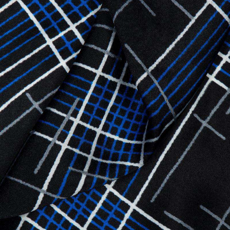 Black And Royal Blue Checks Digital Print Japan Satin Fabric - Fabcurate