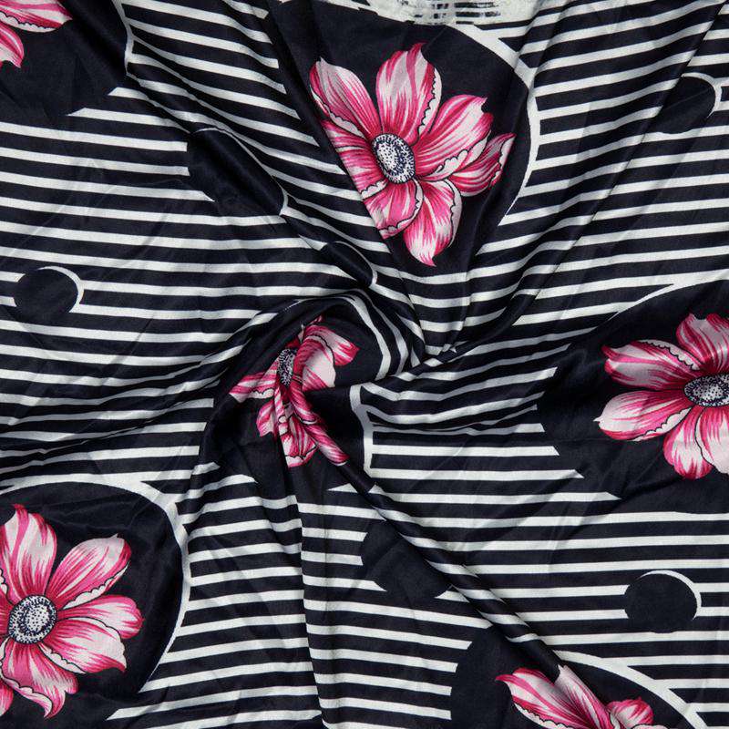 Black And Pink Stripes Digital Print Japan Satin Fabric - Fabcurate