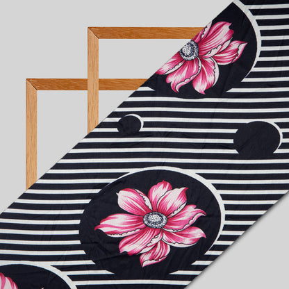 Black And Pink Stripes Digital Print Japan Satin Fabric - Fabcurate