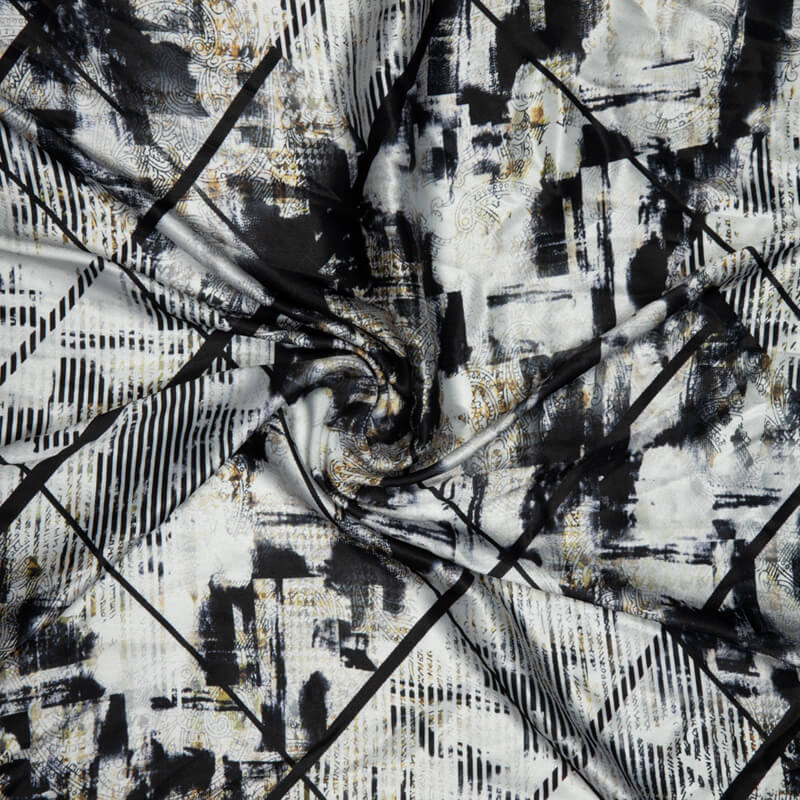 White And Black Abstract Digital Print Japan Satin Fabric - Fabcurate