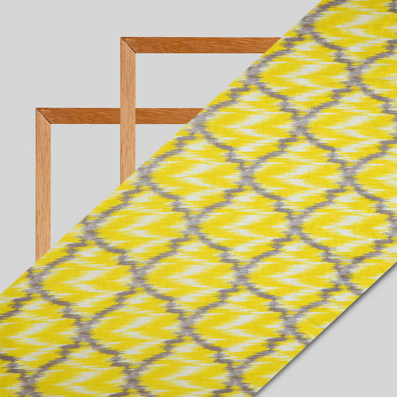 Yellow Ikat Pattern Digital Print Japan Satin Fabric - Fabcurate