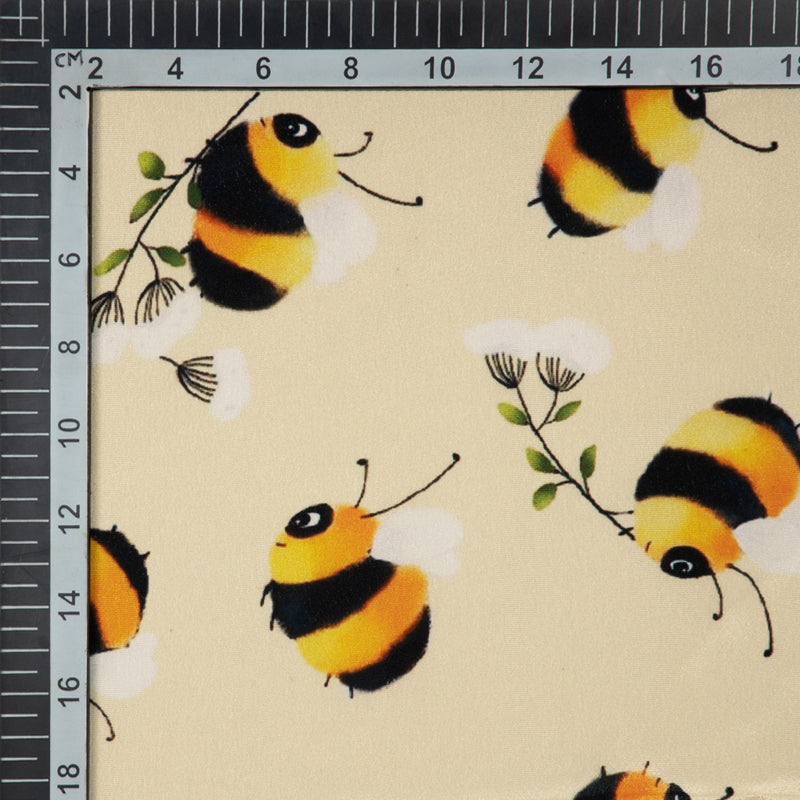 Light Beige Honey Bee Digital Print Crepe Silk Fabric - Fabcurate