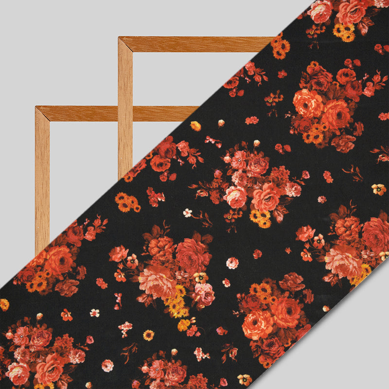 Black Floral Patten Digital Print Crepe Silk Fabric