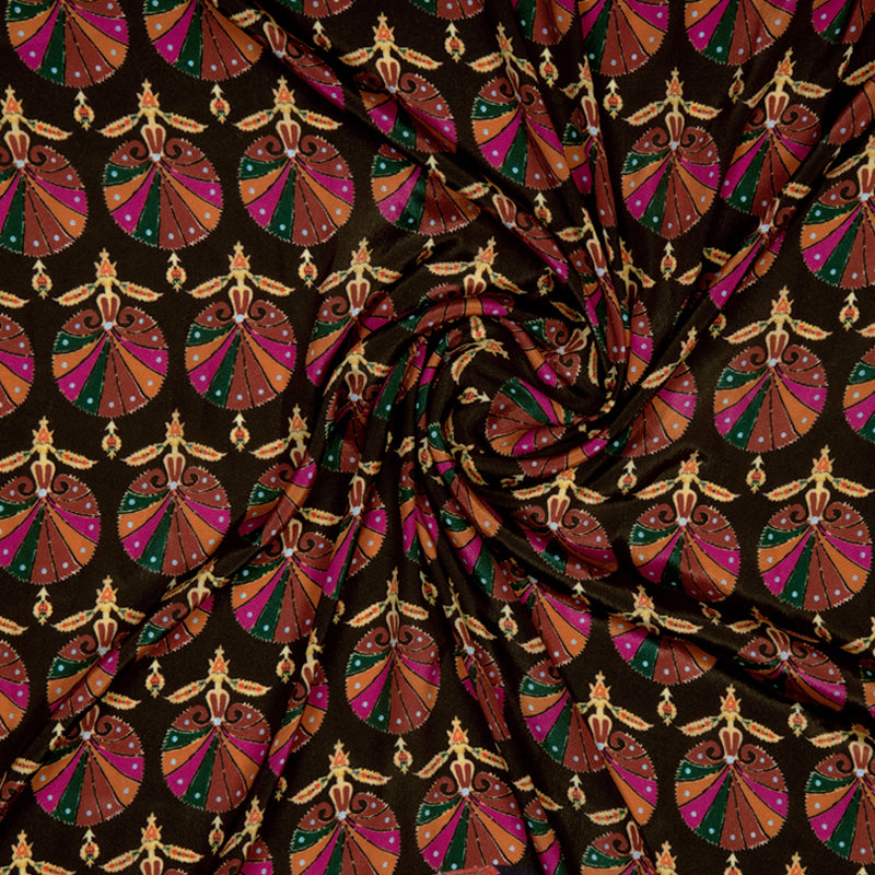 Brown Ethnic Digital Print Crepe Silk Fabric - Fabcurate