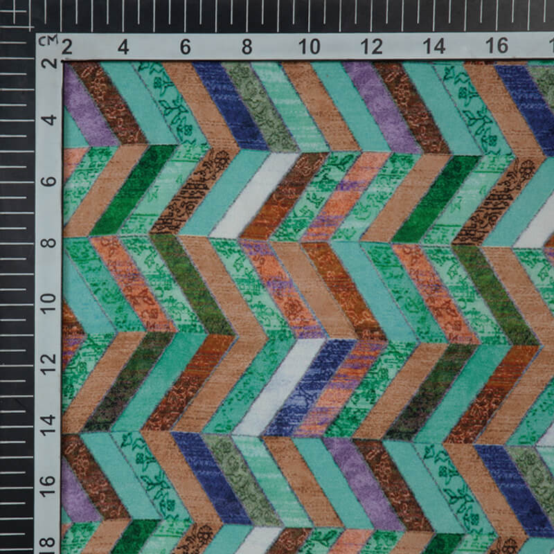 Teal Chevron Digital Print Crepe Silk Fabric - Fabcurate