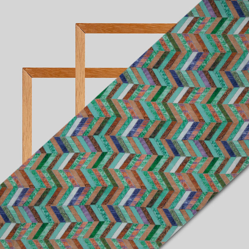 Teal Chevron Digital Print Crepe Silk Fabric - Fabcurate