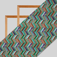 Teal Chevron Digital Print Crepe Silk Fabric - Fabcurate