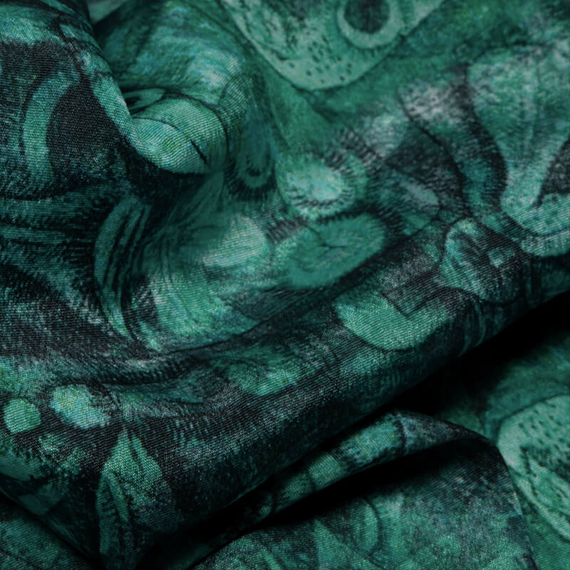 Teal Figure Digital Print Crepe Silk Fabric - Fabcurate