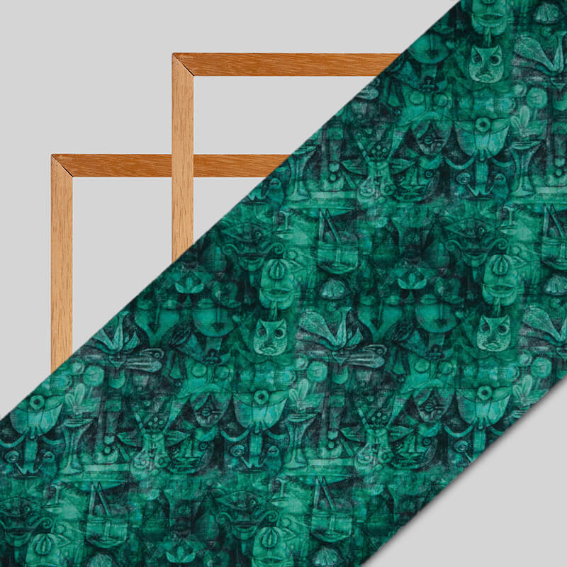 Teal Figure Digital Print Crepe Silk Fabric - Fabcurate
