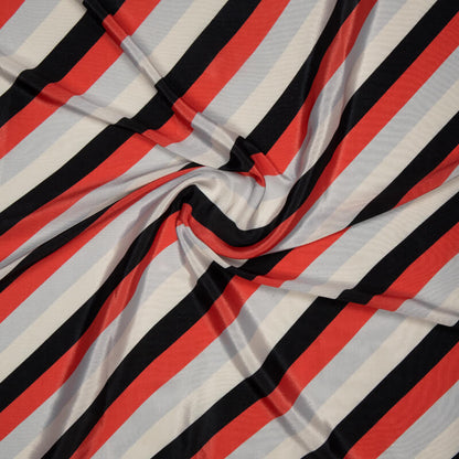 Red And Off White Stripes Digital Print Crepe Silk Fabric - Fabcurate