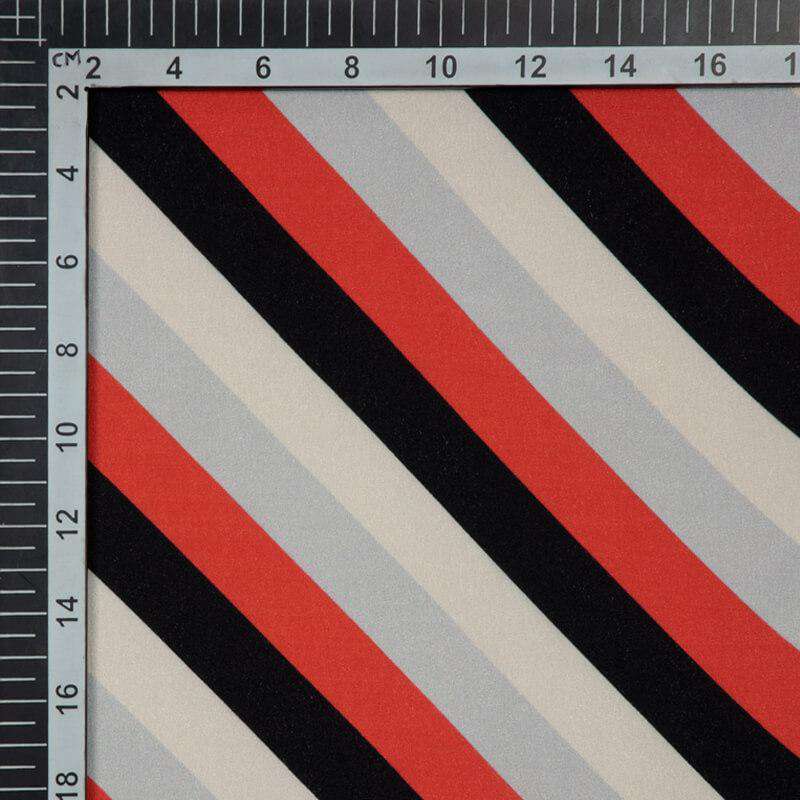 Red And Off White Stripes Digital Print Crepe Silk Fabric - Fabcurate