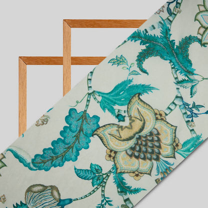 White Floral Digital Print Gerogette Satin Fabric - Fabcurate