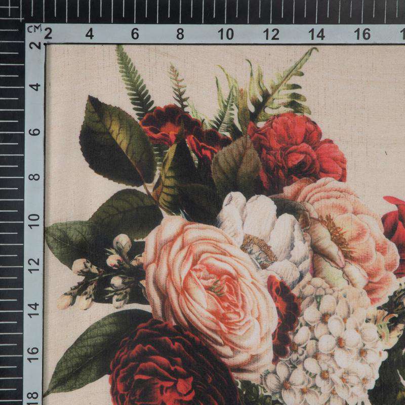 Cream Floral Digital Print Gerogette Satin Fabric - Fabcurate