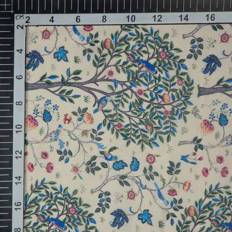 Cream Leaf Digital Print Gerogette Satin Fabric - Fabcurate