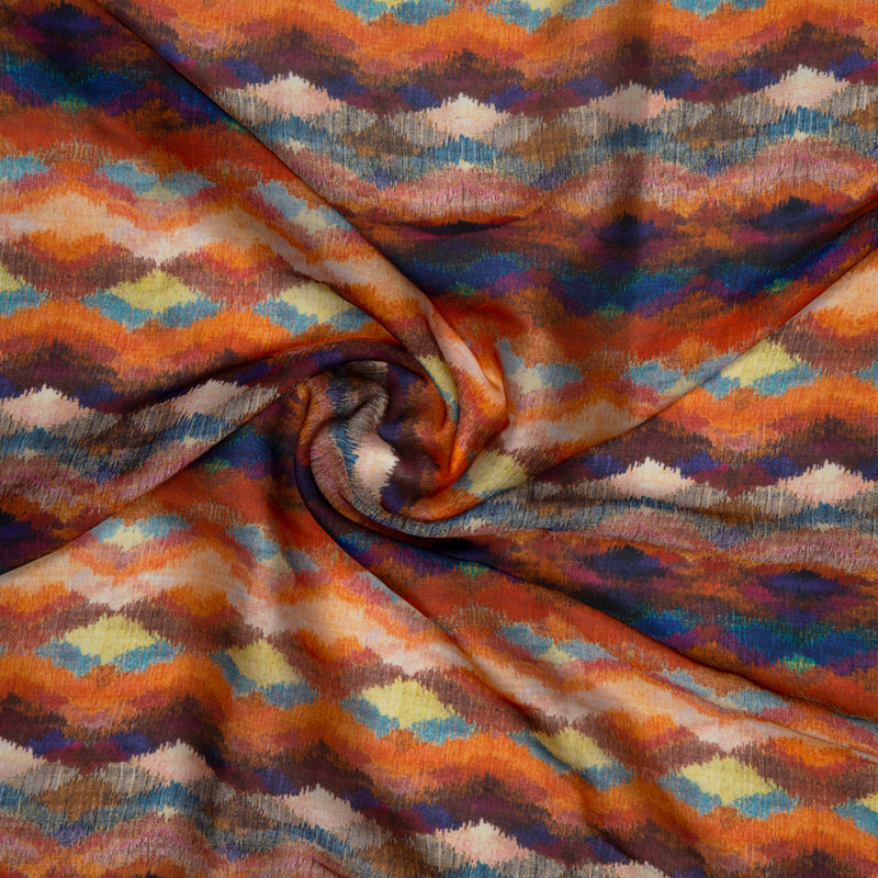Orange And Blue Chevron Digital Print Georgette Satin Fabric - Fabcurate