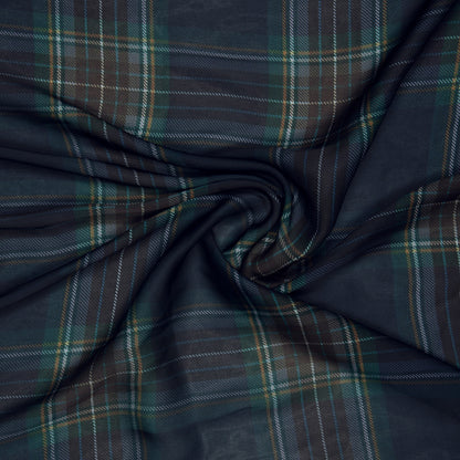 Navy Blue Checks Digital Print Georgette Satin Fabric - Fabcurate