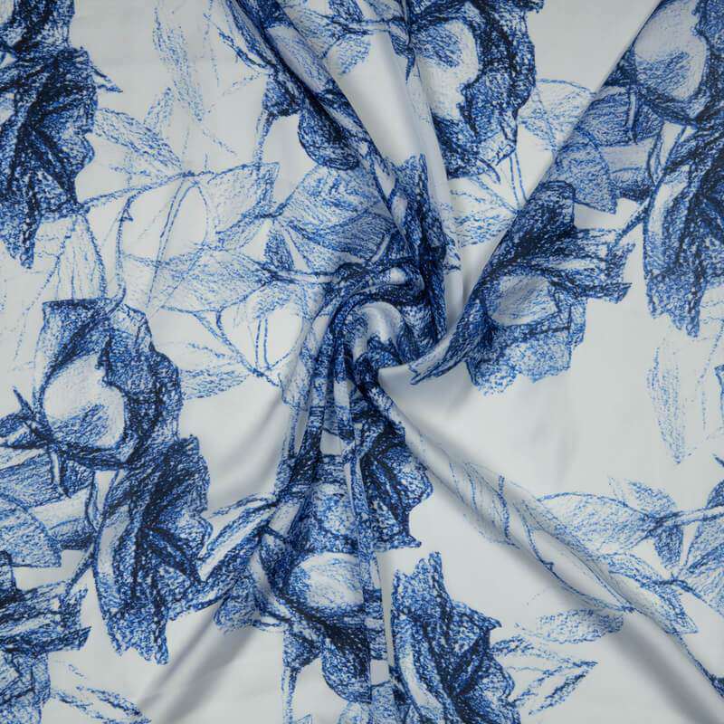 Royal Blue Floral Digital Print Georgette Satin Fabric - Fabcurate