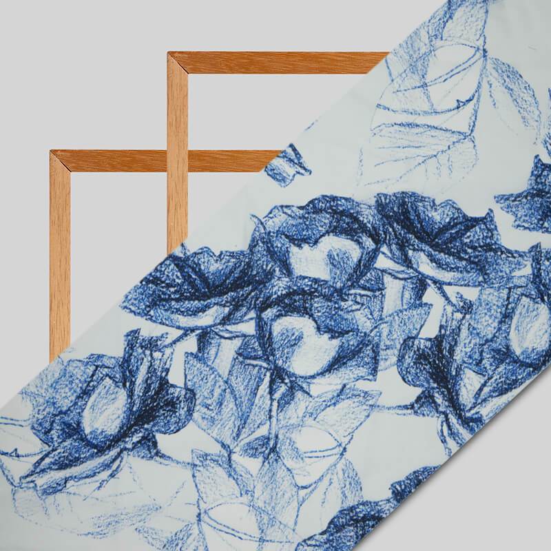 Royal Blue Floral Digital Print Georgette Satin Fabric - Fabcurate