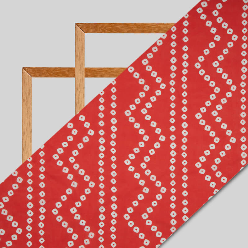 Red Bandhani Pattern Digital Print Georgette Satin Fabric - Fabcurate