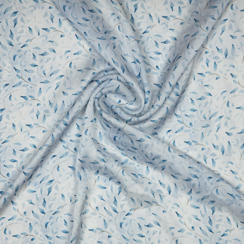 Pastel Blue Leaf Digital Print Georgette Satin Fabric - Fabcurate
