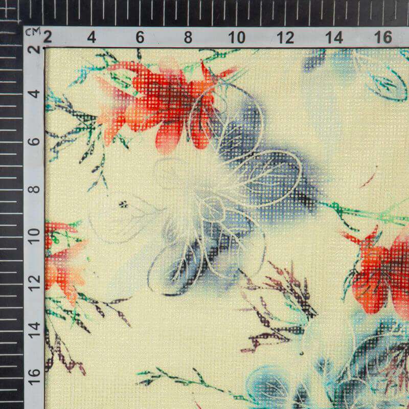 White Floral Pattern Digital Print Kota Doria Fabric - Fabcurate