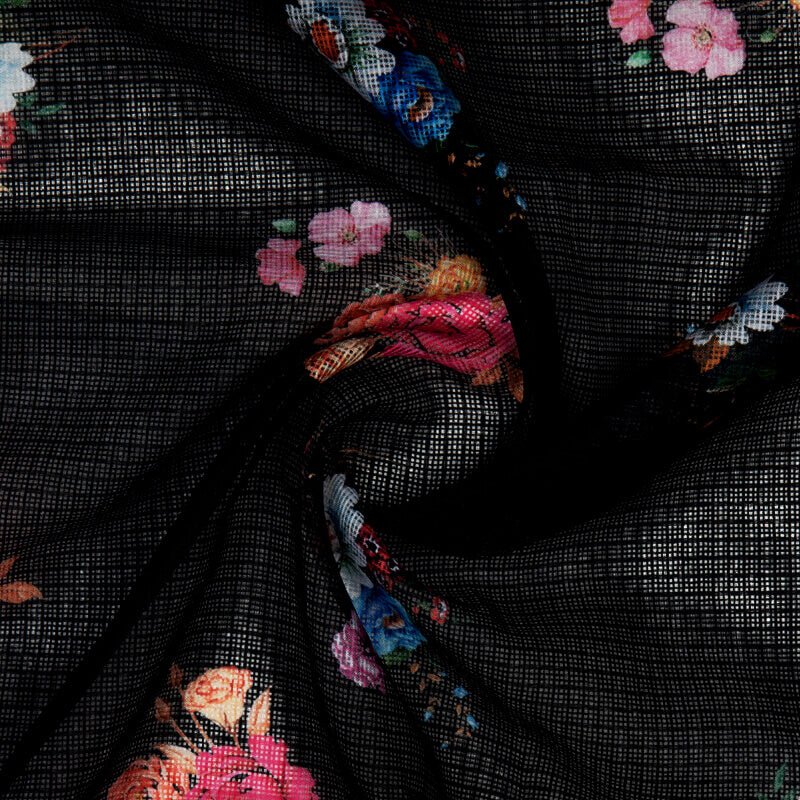 Black Floral Pattern Digital Print Kota Doria Fabric - Fabcurate