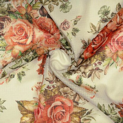 Peach Floral Pattern Digital Print Kota Doria Fabric - Fabcurate