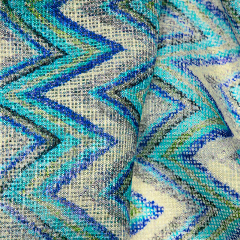 Blue Chevron Pattern Digital Print Kota Doria Fabric - Fabcurate