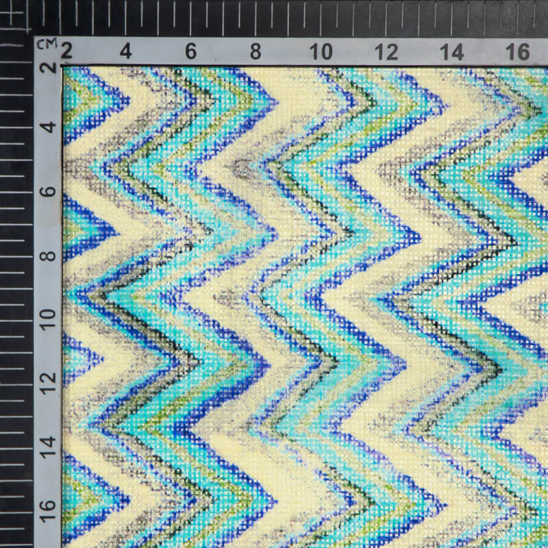 Blue Chevron Pattern Digital Print Kota Doria Fabric - Fabcurate