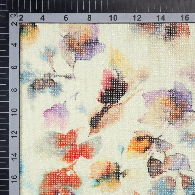 White Leaf Pattern Digital Print Kota Doria Fabric - Fabcurate