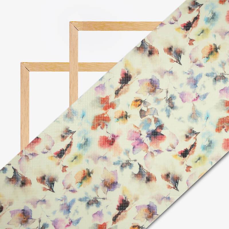 White Leaf Pattern Digital Print Kota Doria Fabric - Fabcurate