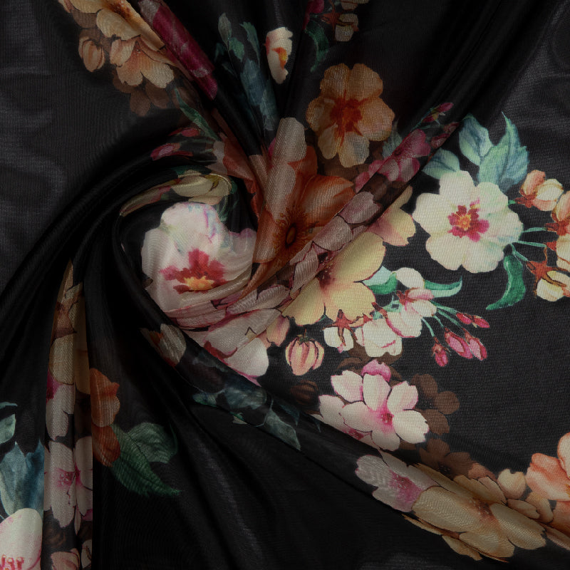 Black Floral Digital Print Premium Organza Fabric - Fabcurate