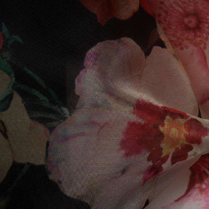 Black Floral Digital Print Premium Organza Fabric - Fabcurate