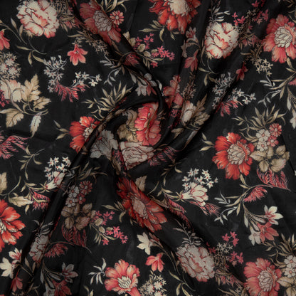 Black And Red Floral Digital Print Premium Organza Fabric - Fabcurate
