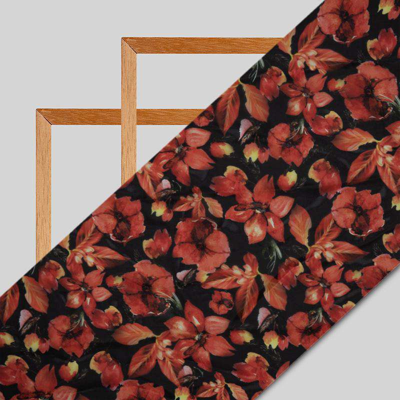 Orange And Black Floral Digital Print Premium Organza Fabric - Fabcurate