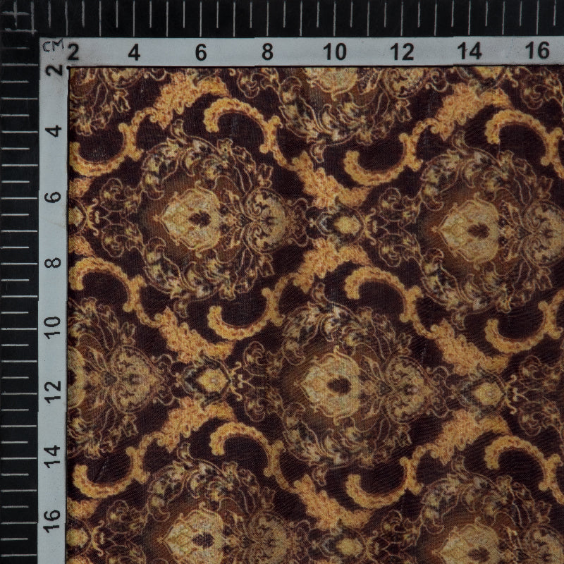 Brown And Cream Floral Pattern Digital Print Premium Organza Fabric - Fabcurate