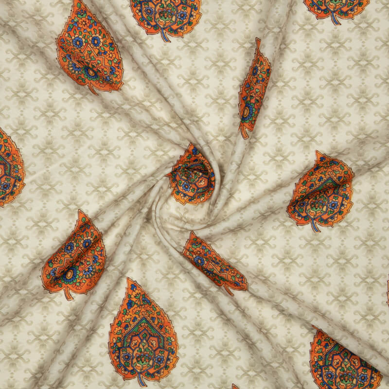Light Grey And Orange Mughal Pattern Digital Print Muslin Fabric - Fabcurate
