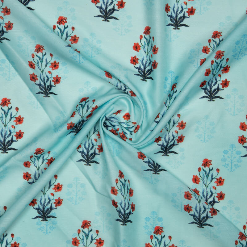 Teal And Red Mughal Pattern Digital Print Muslin Fabric - Fabcurate