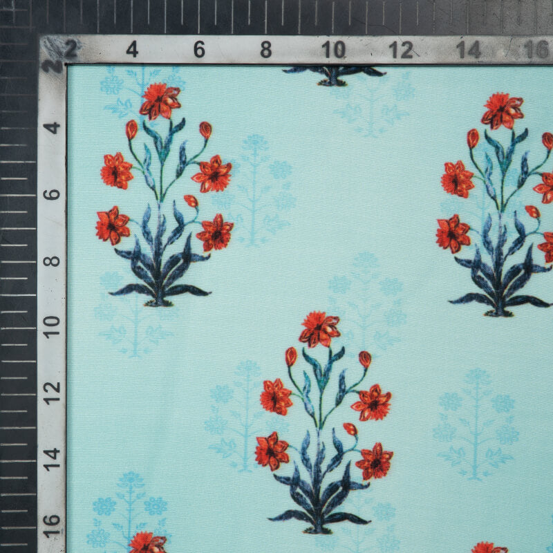 Teal And Red Mughal Pattern Digital Print Muslin Fabric - Fabcurate