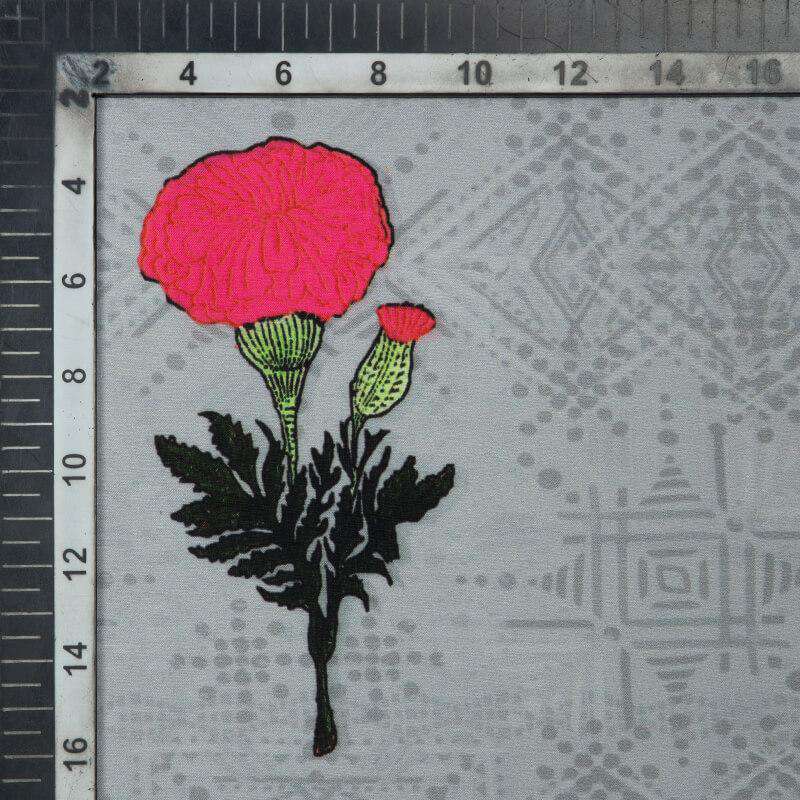 Light Grey And Rani Mughal Pattern Digital Print Muslin Fabric - Fabcurate