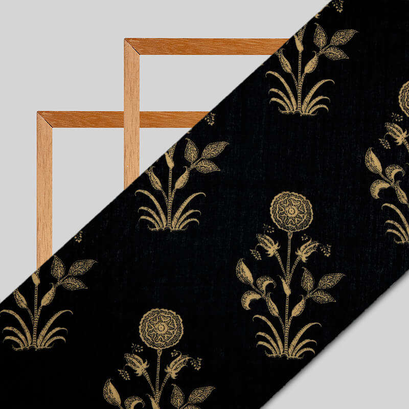 Black And Beige Mughal Pattern Digital Print Rayon Fabric - Fabcurate