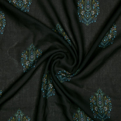 Dark Grey And Sky Mughal Pattern Digital Print Rayon Fabric - Fabcurate