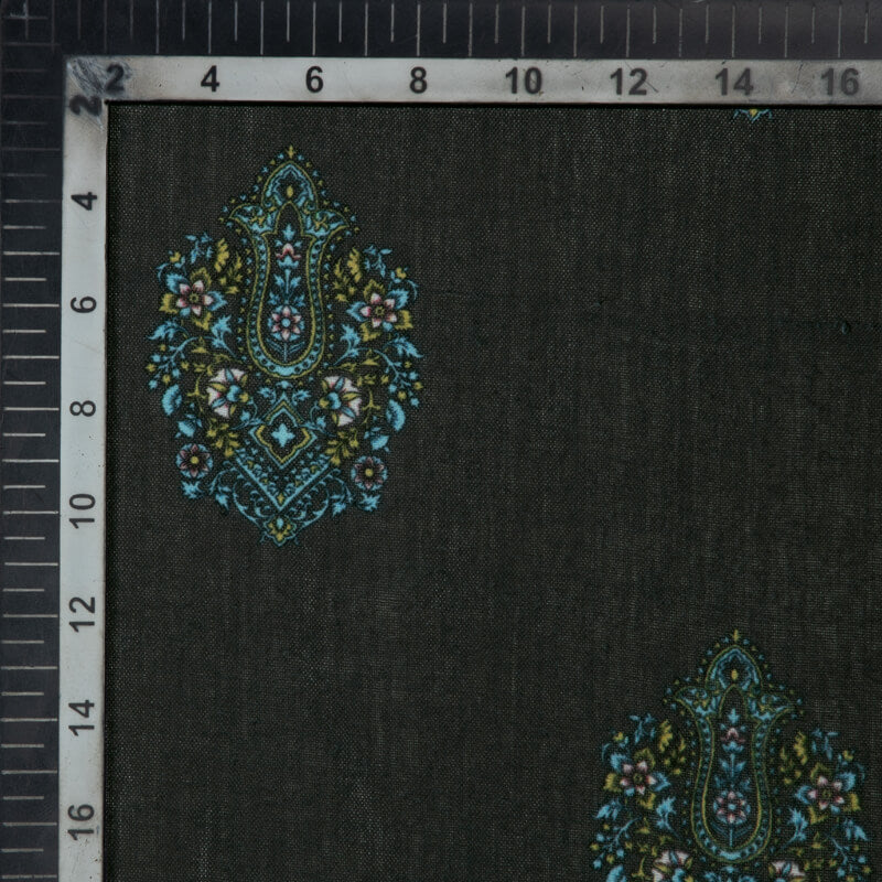 Dark Grey And Sky Mughal Pattern Digital Print Rayon Fabric - Fabcurate