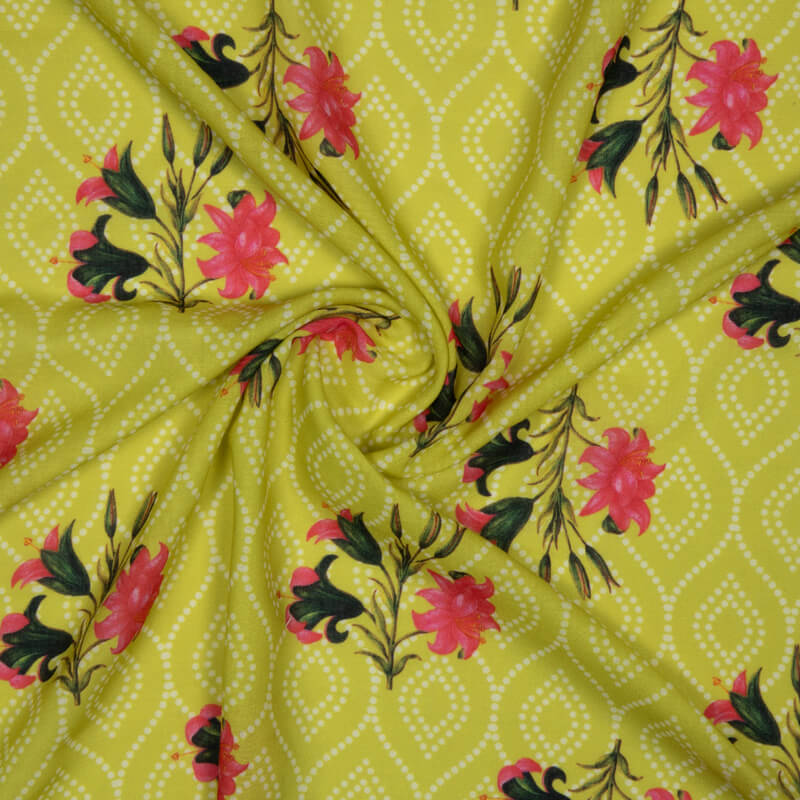 Dark Green And Pink Mughal Pattern Digital Print Rayon Fabric - Fabcurate