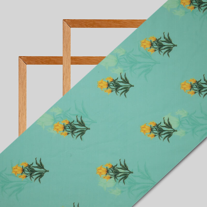 Teal And Yellow Mughal Pattern Digital Print Rayon Fabric - Fabcurate