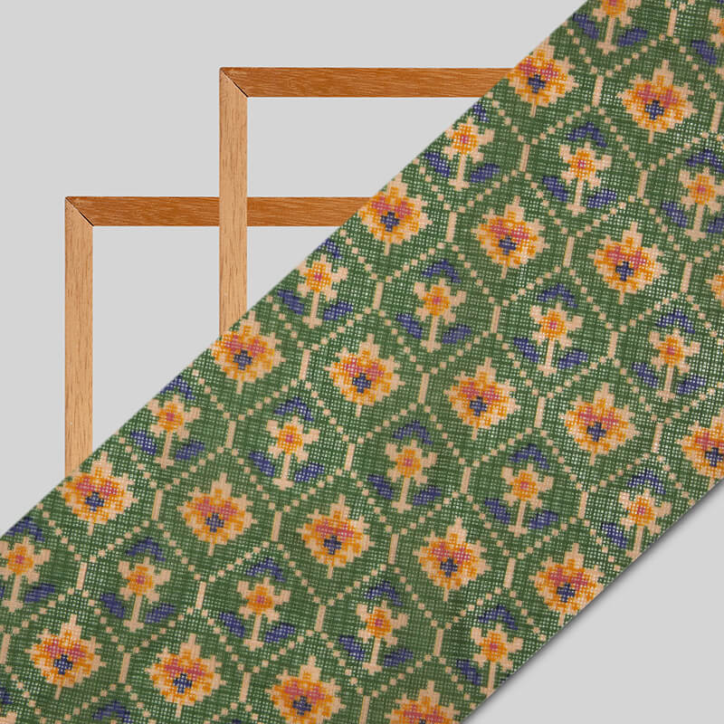 Olive Patola Pattern Digital Print Kota Doria Fabric - Fabcurate