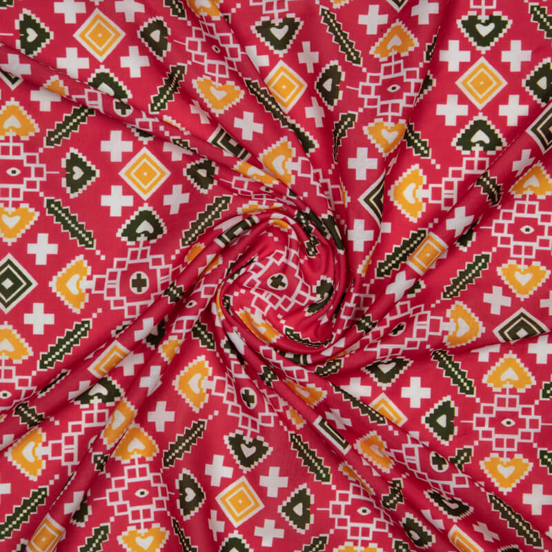 Rose Red Patola Pattern Digital Print Muslin Fabric - Fabcurate