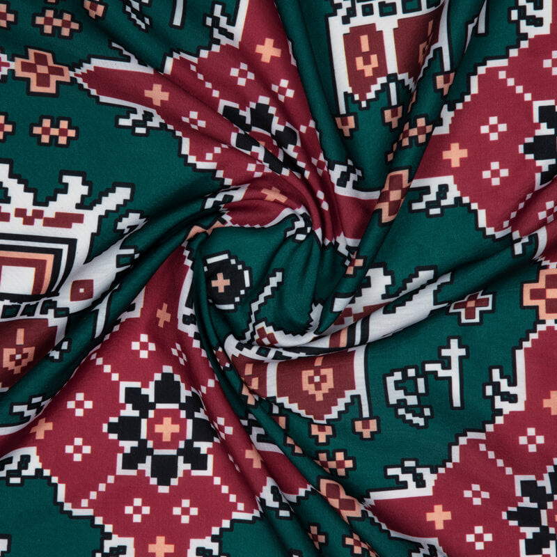 Bottle Green And Maroon Patola Pattern Digital Print Muslin Fabric - Fabcurate